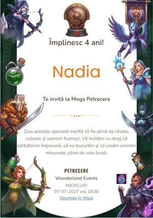 Modelul Dota 2 – Bătălia Eroilor Fantastici, invitație de zi de naștere pentru copii, prezintă eroi fantastici, creaturi, arme magice și artefacte într-un cadru de aventură.