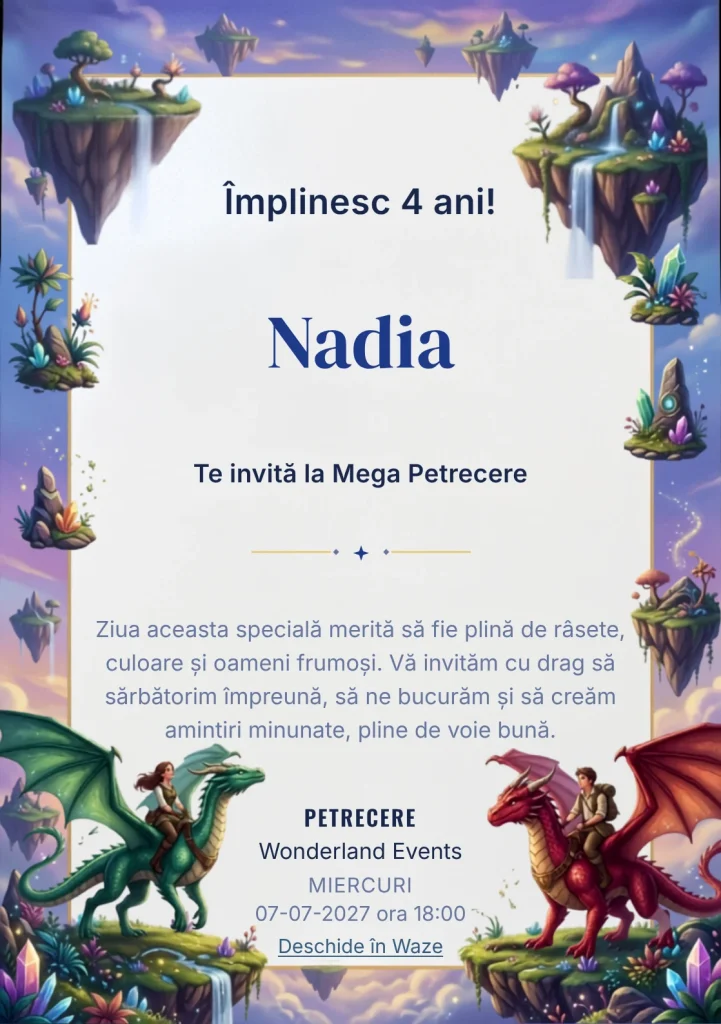 Invitație digitală Dragoni Zburători – Regatul Dragonilor pentru ziua de naștere a copiilor, cu insule plutitoare, dragoni colorați și peisaj fantastic aerian.