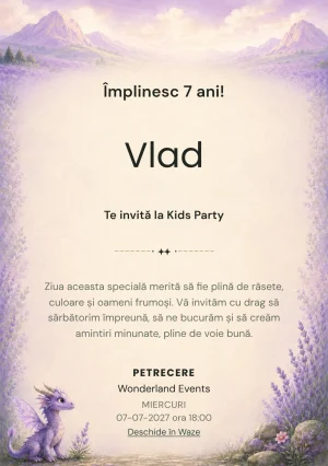 Invitație la zi de naștere Dragonul de Lavandă pentru copii, cu un dragon, mic, lila, cu aripi transparente discret.