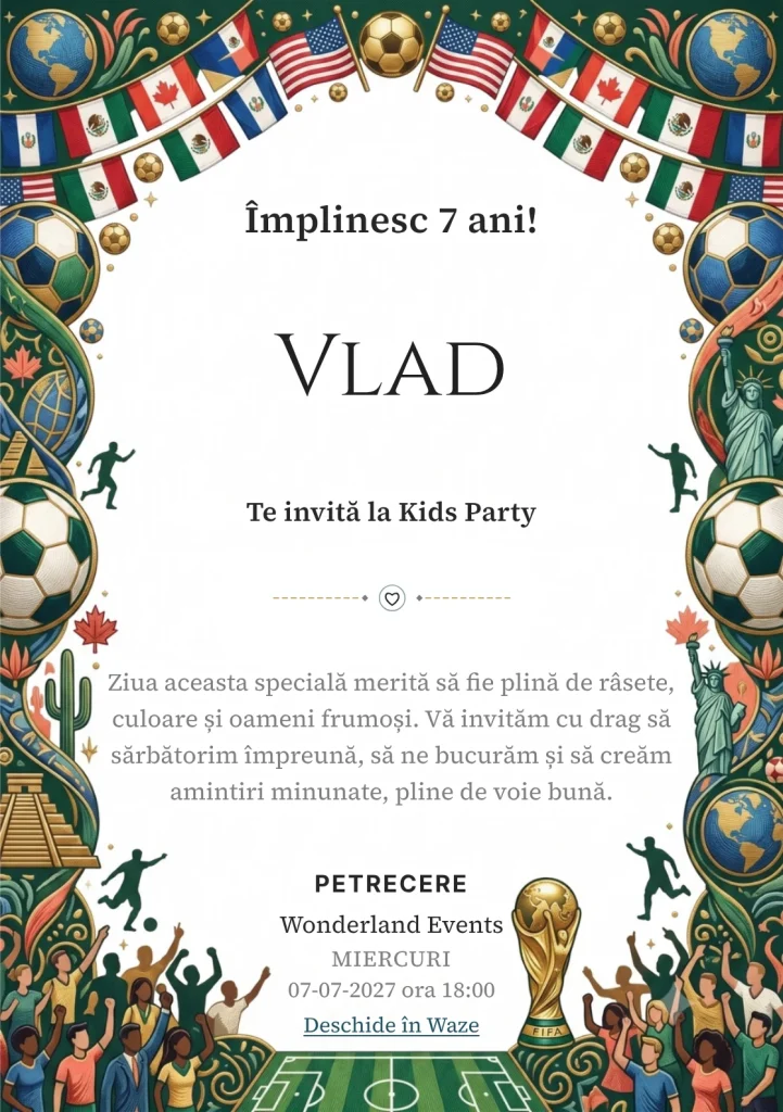 Invitație la zi de naștere Echipa Campioană – Turneul Campionilor pentru copii, cu fotbal internațional, mingi, trofee, steaguri și decor sportiv global.