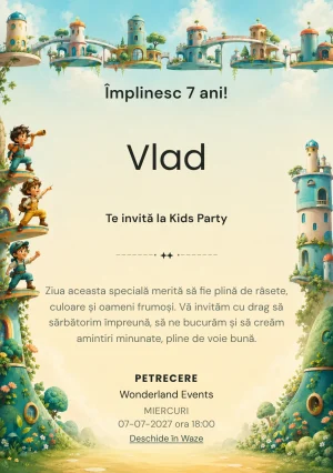 Echipa Curajoșilor – invitație aniversară pentru copii, cu trei copii exploratori complet, cu salopete simple și accesorii.