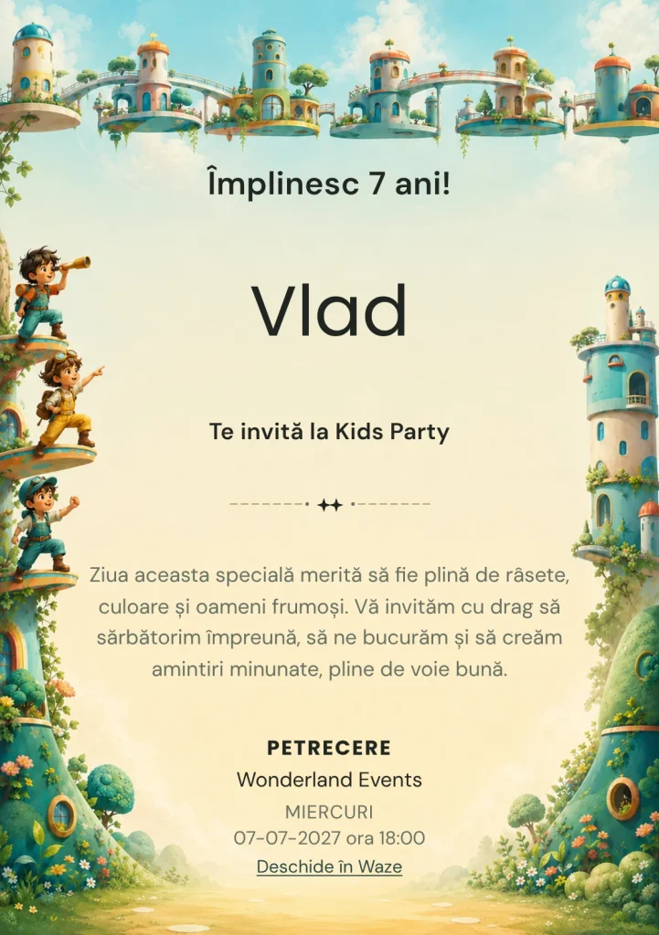 Echipa Curajoșilor – invitație aniversară pentru copii, cu trei copii exploratori complet, cu salopete simple și accesorii.