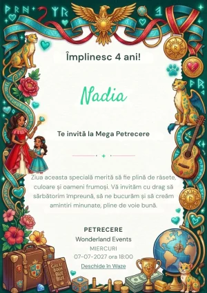 Invitație la ziua de naștere Elena of Avalor – Regatul Solar pentru copii, cu o prințesă aventurieră, flori, instrumente muzicale și simboluri regale.