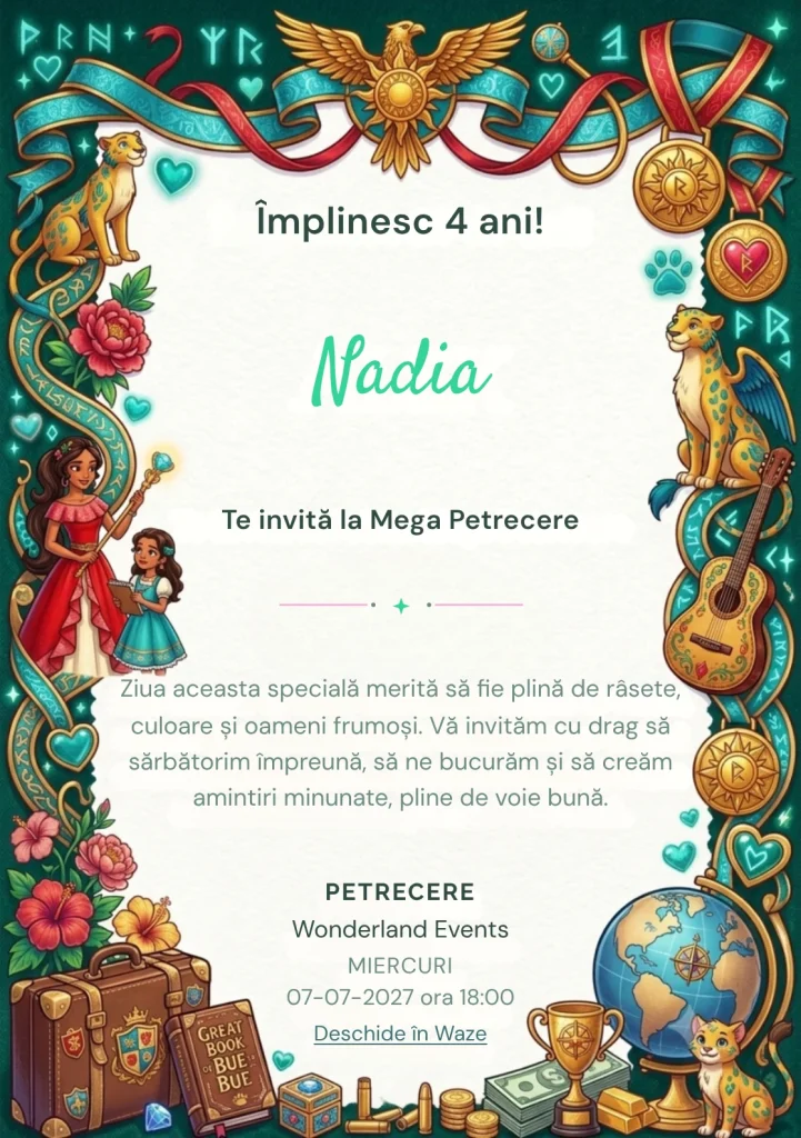 Invitație la ziua de naștere Elena of Avalor – Regatul Solar pentru copii, cu o prințesă aventurieră, flori, instrumente muzicale și simboluri regale.