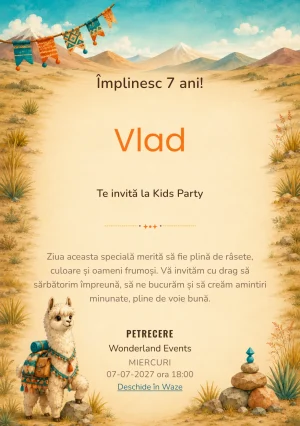 Invitație digitală Expediție cu Alpaca pentru ziua de naștere a copiilor, cu o alpaca prietenoasă cu pătură geometrică.