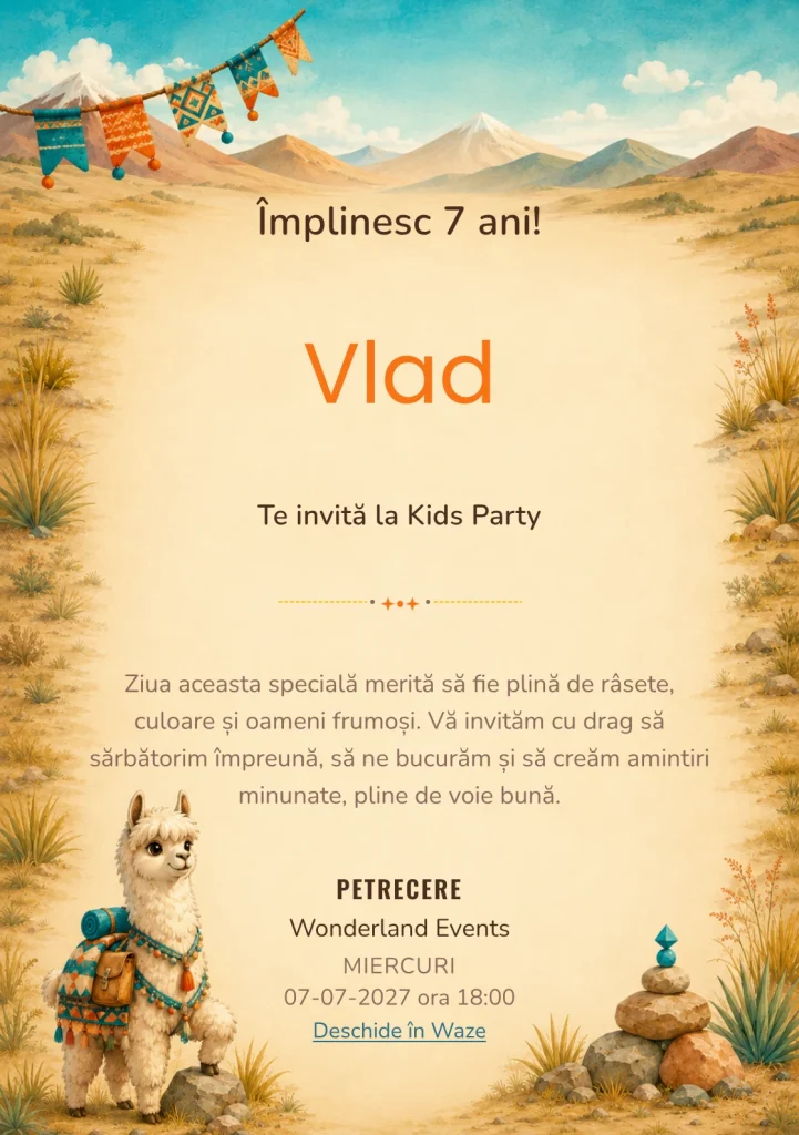 Invitație digitală Expediție cu Alpaca pentru ziua de naștere a copiilor, cu o alpaca prietenoasă cu pătură geometrică.