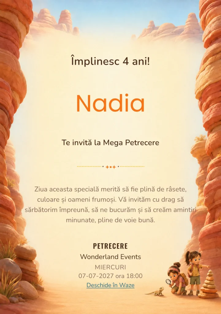 Invitație la ziua de naștere Expediție în Canion pentru copii, cu doi mici excursioniști și o șopârlă stilizată.