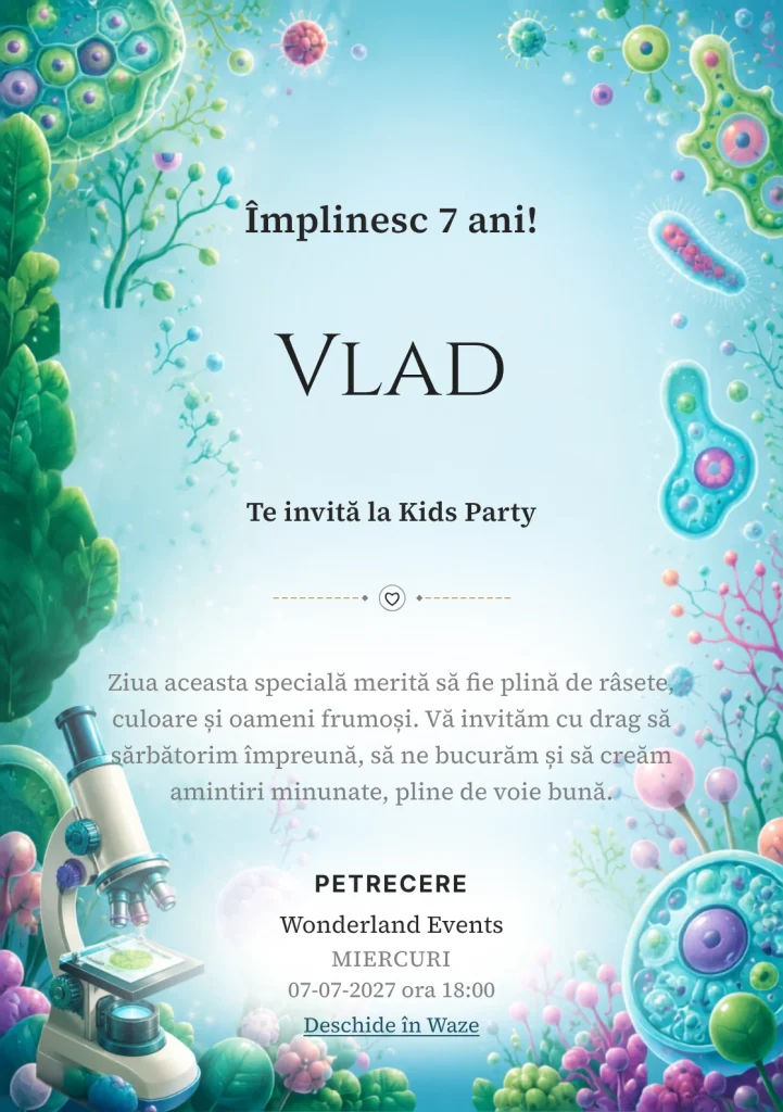 Invitație digitală Expediție la Microscop pentru ziua de naștere a copiilor, cu un microscop și forme biologice abstracte.
