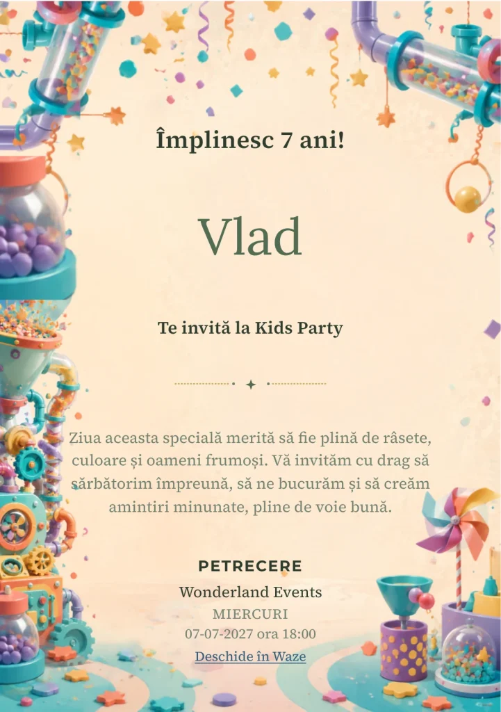 Fabrica de Confetti – invitație aniversară pentru copii, cu o mașinărie cu tuburi și roți moi.