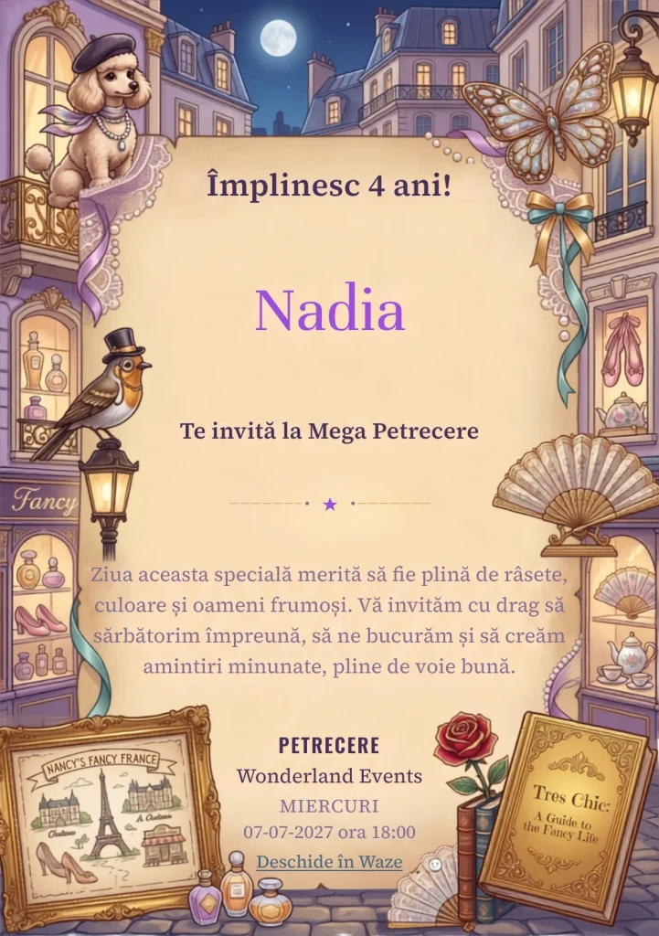 Fancy Nancy – Petrecere Elegantă, invitație de zi de naștere pentru copii, cu un cadru parizian elegant cu funde, accesorii, fluturi și detalii sofisticate.