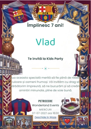 FC Barcelona – Visul Campionilor, invitație de zi de naștere pentru copii, cu un univers fotbalistic cu stadion, trofee, echipament și însemne de club.