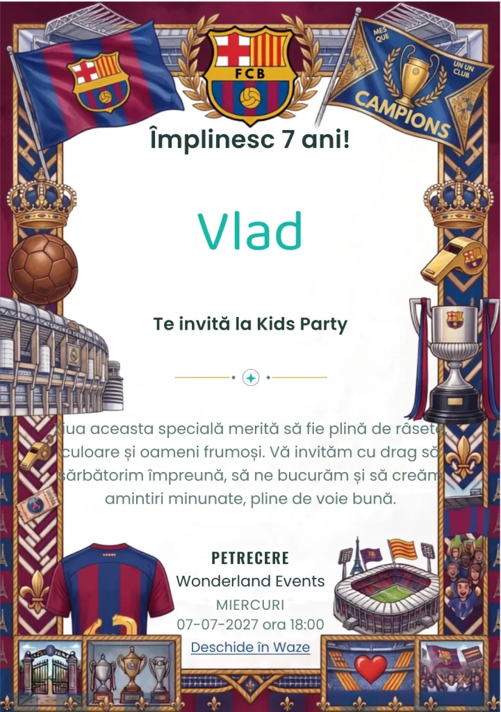 FC Barcelona – Visul Campionilor, invitație de zi de naștere pentru copii, cu un univers fotbalistic cu stadion, trofee, echipament și însemne de club.