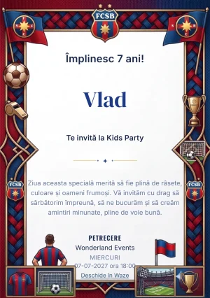 FCSB – Stelele Roș-Albastre – invitație aniversară pentru copii, cu un cadru fotbalistic roș-albastru cu trofee, stadion și simboluri de club.