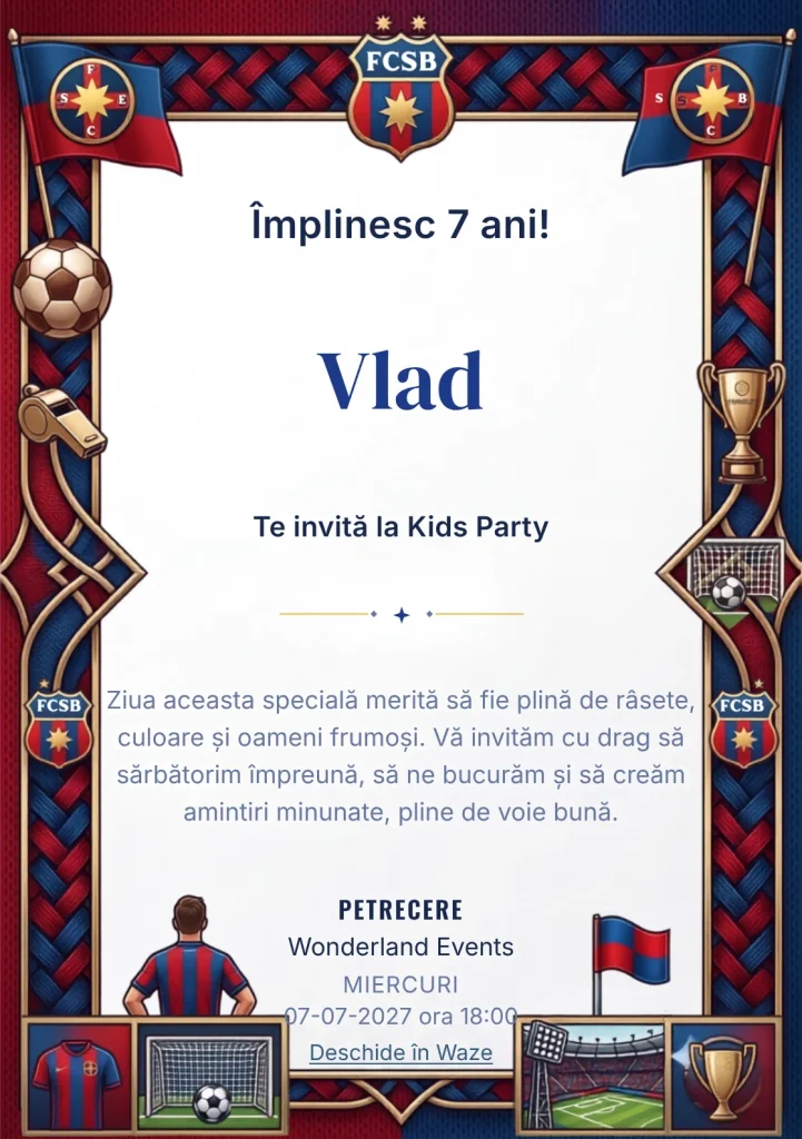 FCSB – Stelele Roș-Albastre – invitație aniversară pentru copii, cu un cadru fotbalistic roș-albastru cu trofee, stadion și simboluri de club.