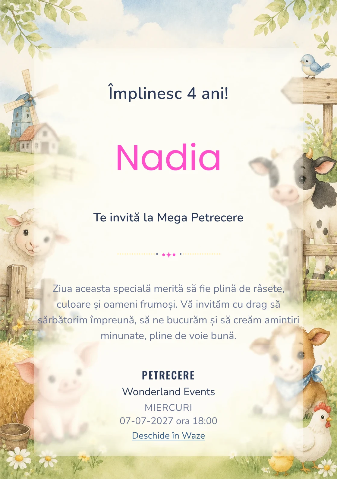 Invitație la ziua de naștere Ferma Veselă pentru copii, cu animăluțe de fermă, gard discret și verde pal.
