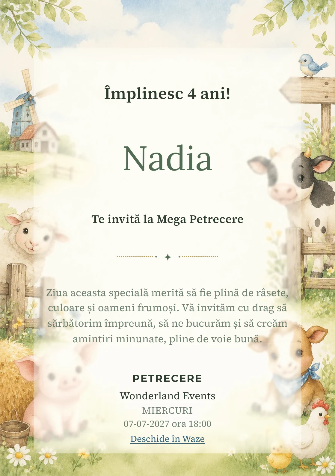 Invitație la ziua de naștere Ferma Veselă pentru copii, cu animăluțe de fermă, gard discret și verde pal.