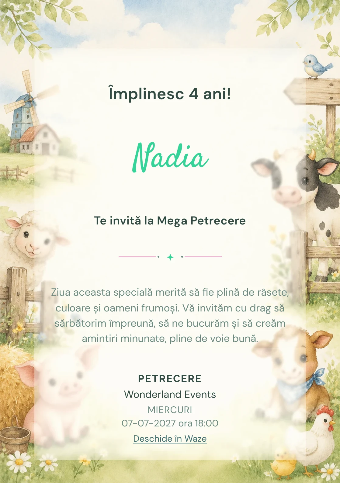 Invitație la ziua de naștere Ferma Veselă pentru copii, cu animăluțe de fermă, gard discret și verde pal.