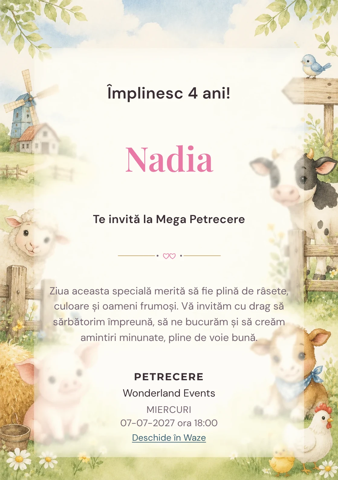 Invitație la ziua de naștere Ferma Veselă pentru copii, cu animăluțe de fermă, gard discret și verde pal.
