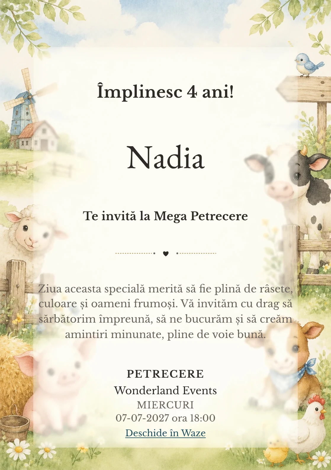 Invitație la ziua de naștere Ferma Veselă pentru copii, cu animăluțe de fermă, gard discret și verde pal.