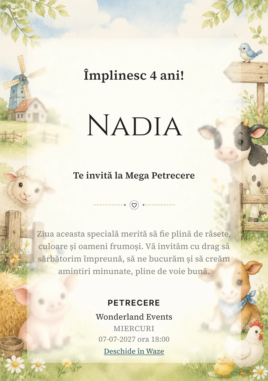 Invitație la ziua de naștere Ferma Veselă pentru copii, cu animăluțe de fermă, gard discret și verde pal.