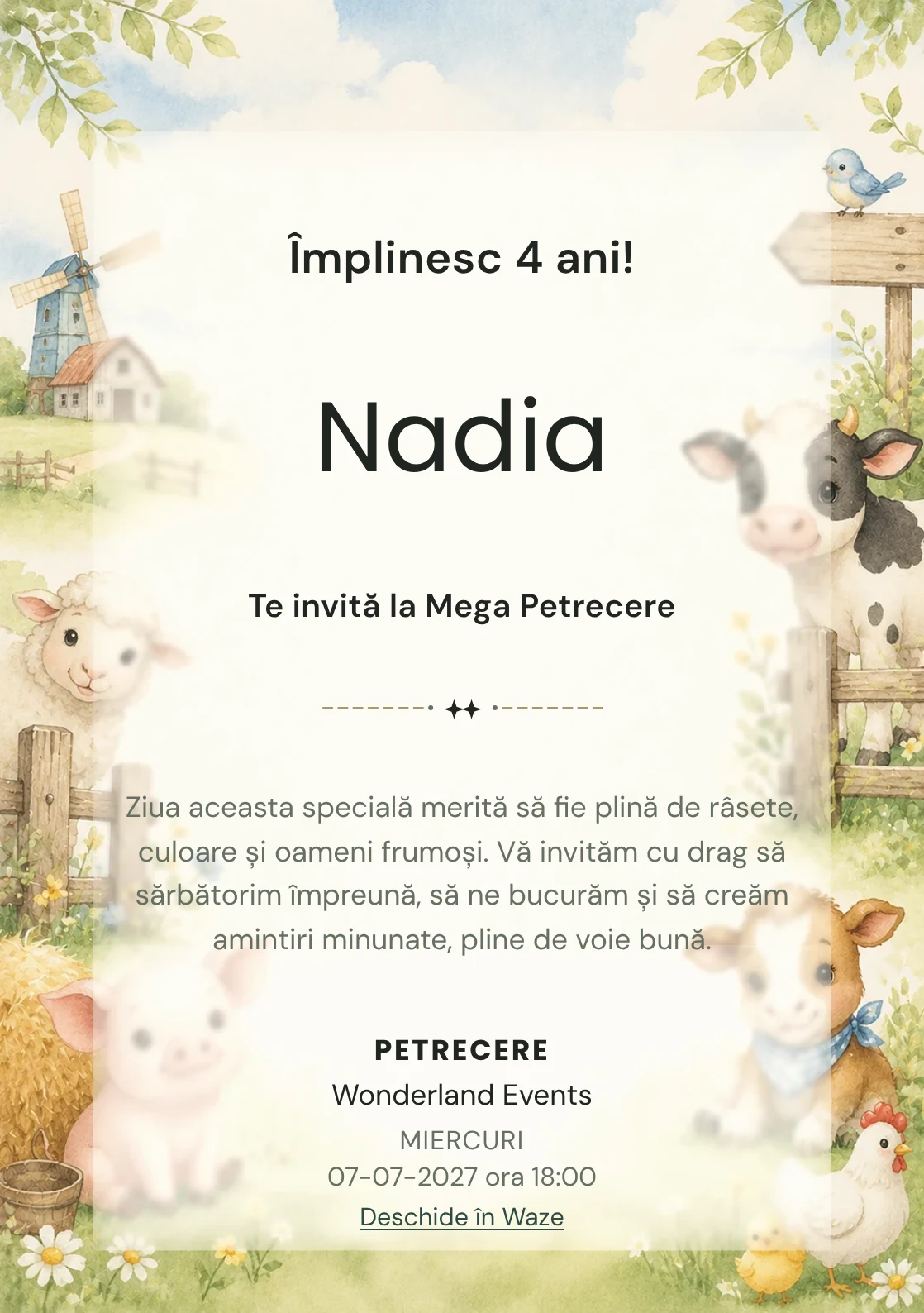 Invitație la ziua de naștere Ferma Veselă pentru copii, cu animăluțe de fermă, gard discret și verde pal.