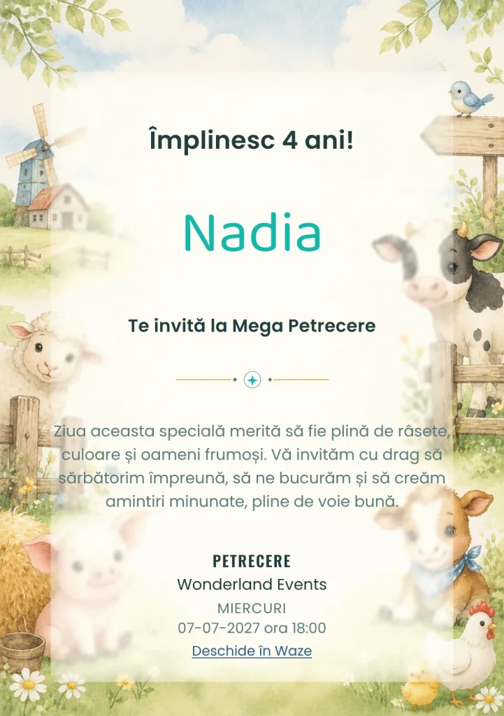Invitație la ziua de naștere Ferma Veselă pentru copii, cu animăluțe de fermă, gard discret și verde pal.