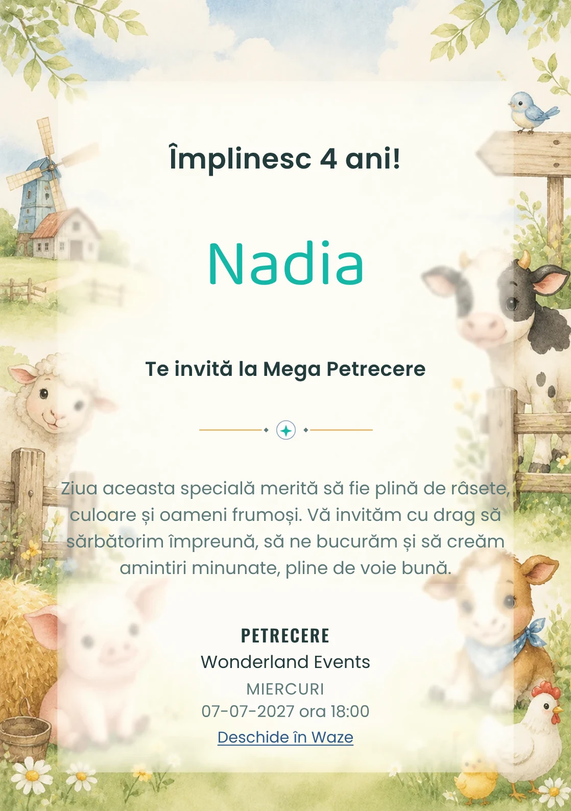 Invitație la ziua de naștere Ferma Veselă pentru copii, cu animăluțe de fermă, gard discret și verde pal.