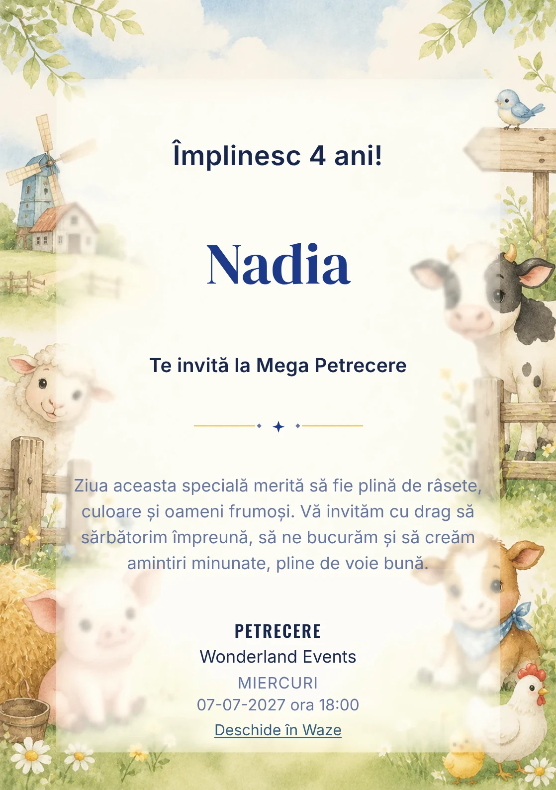 Invitație la ziua de naștere Ferma Veselă pentru copii, cu animăluțe de fermă, gard discret și verde pal.