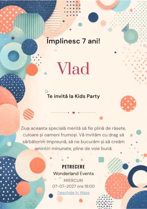Festivalul Bulinelor, invitație de zi de naștere pentru copii, cu forme circulare suprapuse cu contrast controlat.