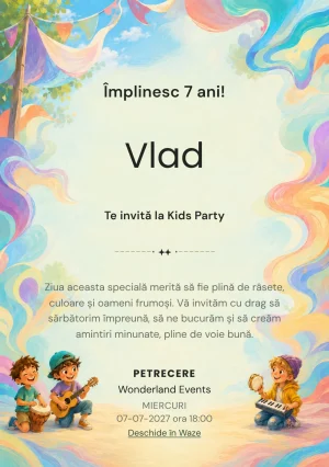 Modelul Festivalul Ritmurilor, invitație de zi de naștere pentru copii, prezintă o trupă de copii cu instrumente.