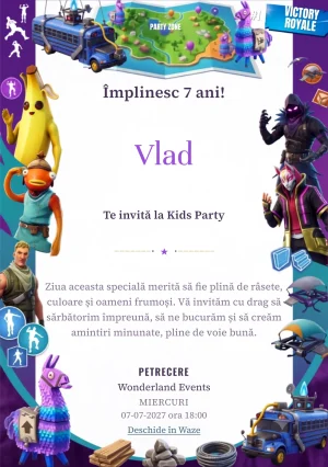 Modelul Fortnite – Insula Bătăliei, invitație de zi de naștere pentru copii, prezintă o insulă de joc, personaje colorate, obiecte fantastice și elemente de competiție.