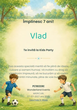 Modelul Fotbal în Parc, invitație de zi de naștere pentru copii, prezintă copii jucând cu o minge.