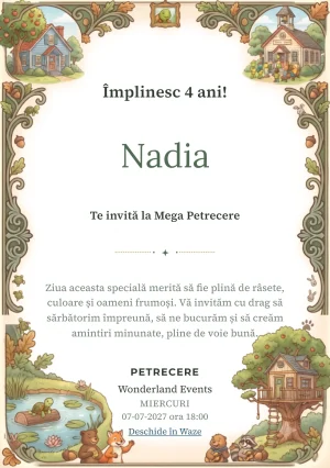 Invitație digitală Franklin – Țestoasa Prietenoasă pentru ziua de naștere a copiilor, cu țestoasă animată, casă în natură, iaz și peisaj prietenos.