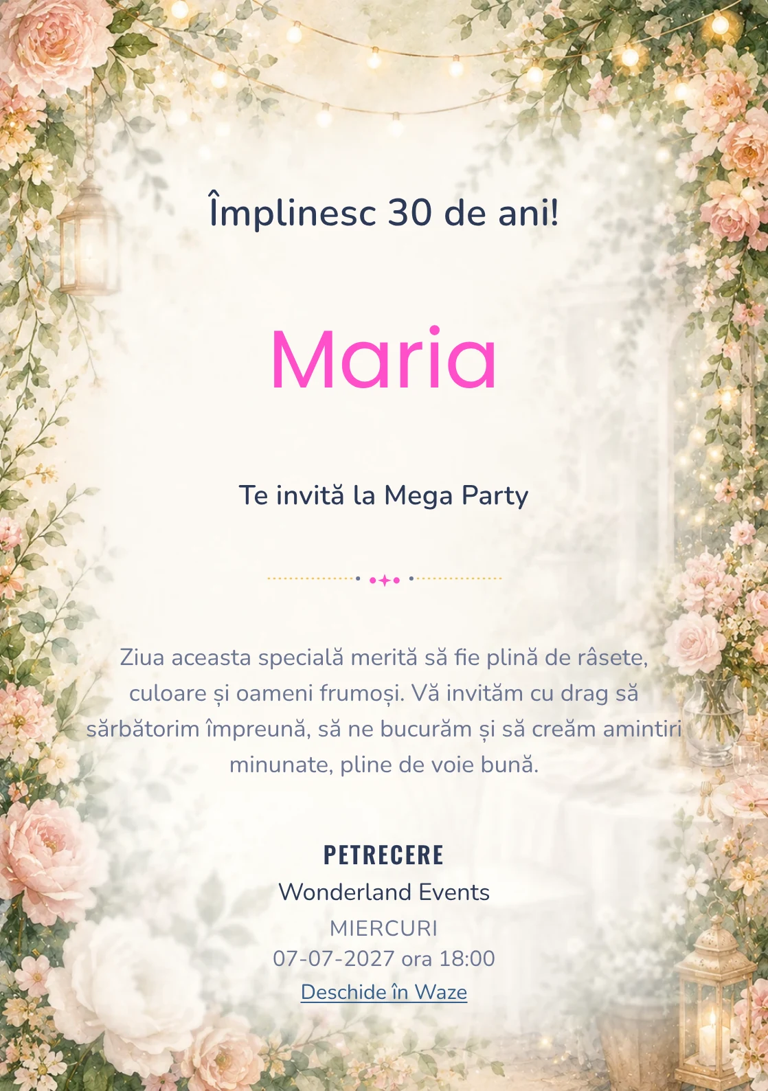 Invitație la ziua de naștere Garden Party pentru adulți, cu flori mature, frunze fine și lumini suspendate.