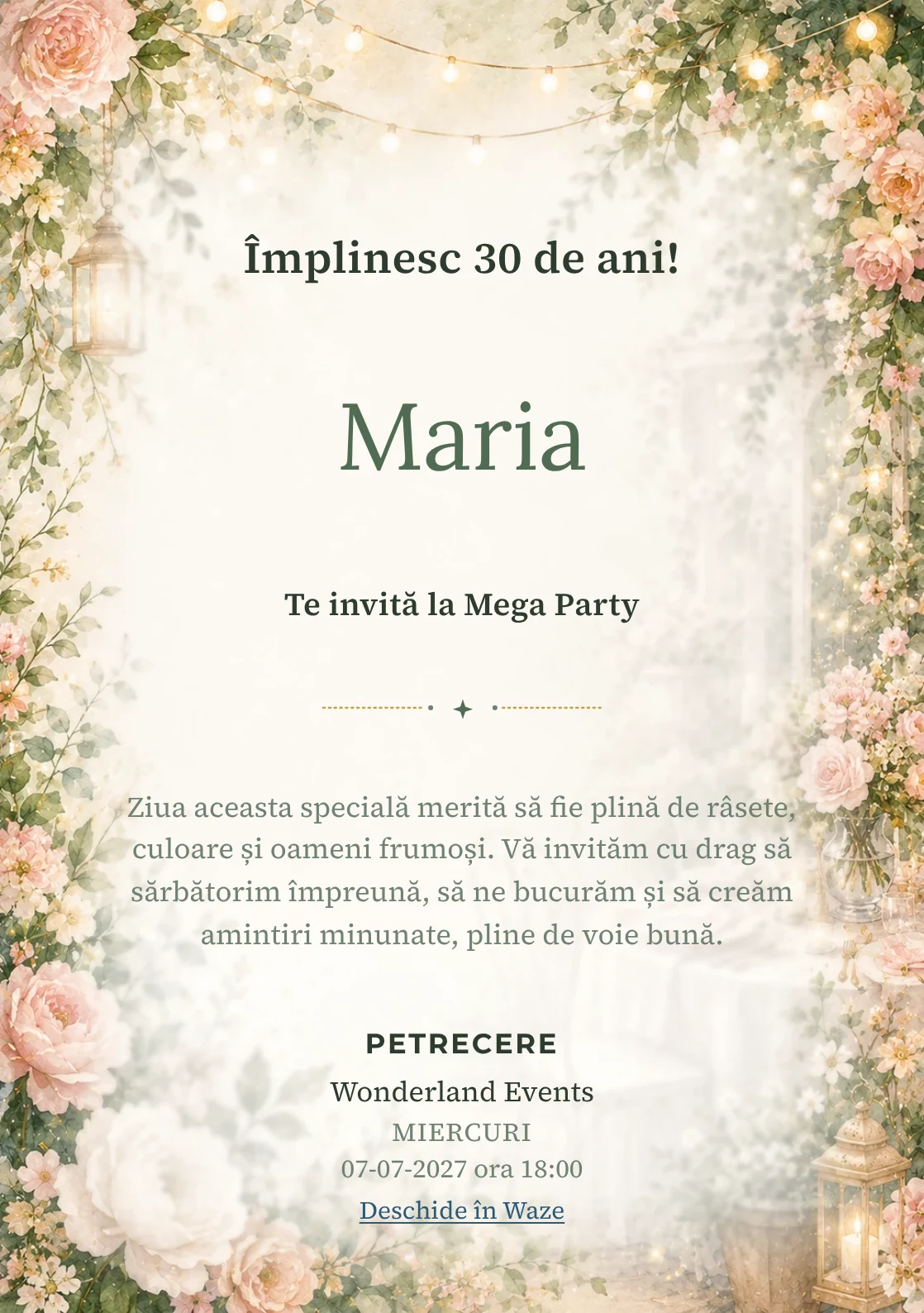 Invitație la ziua de naștere Garden Party pentru adulți, cu flori mature, frunze fine și lumini suspendate.