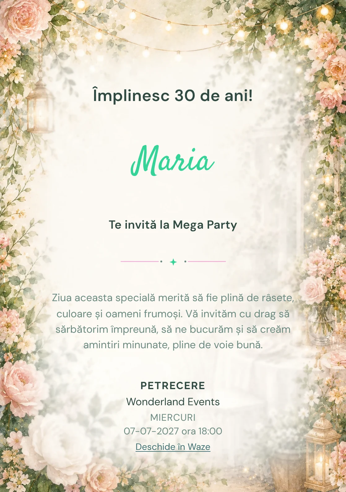 Invitație la ziua de naștere Garden Party pentru adulți, cu flori mature, frunze fine și lumini suspendate.