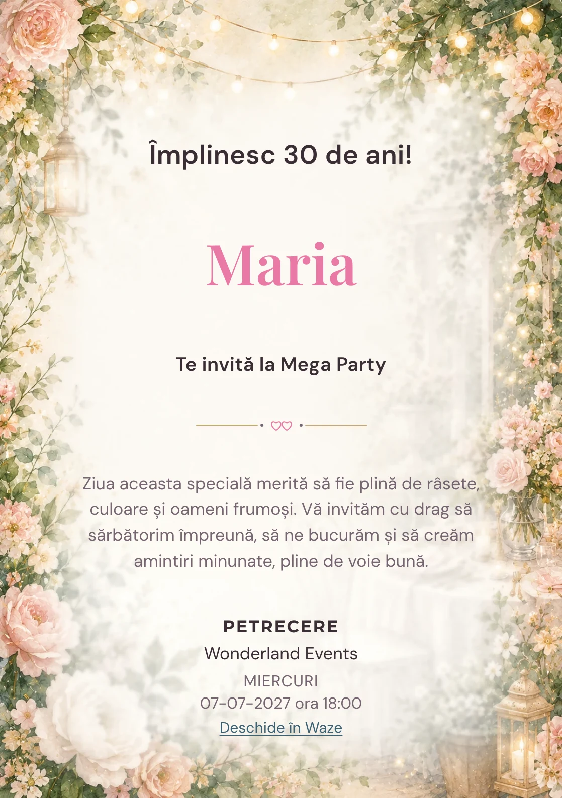 Invitație la ziua de naștere Garden Party pentru adulți, cu flori mature, frunze fine și lumini suspendate.