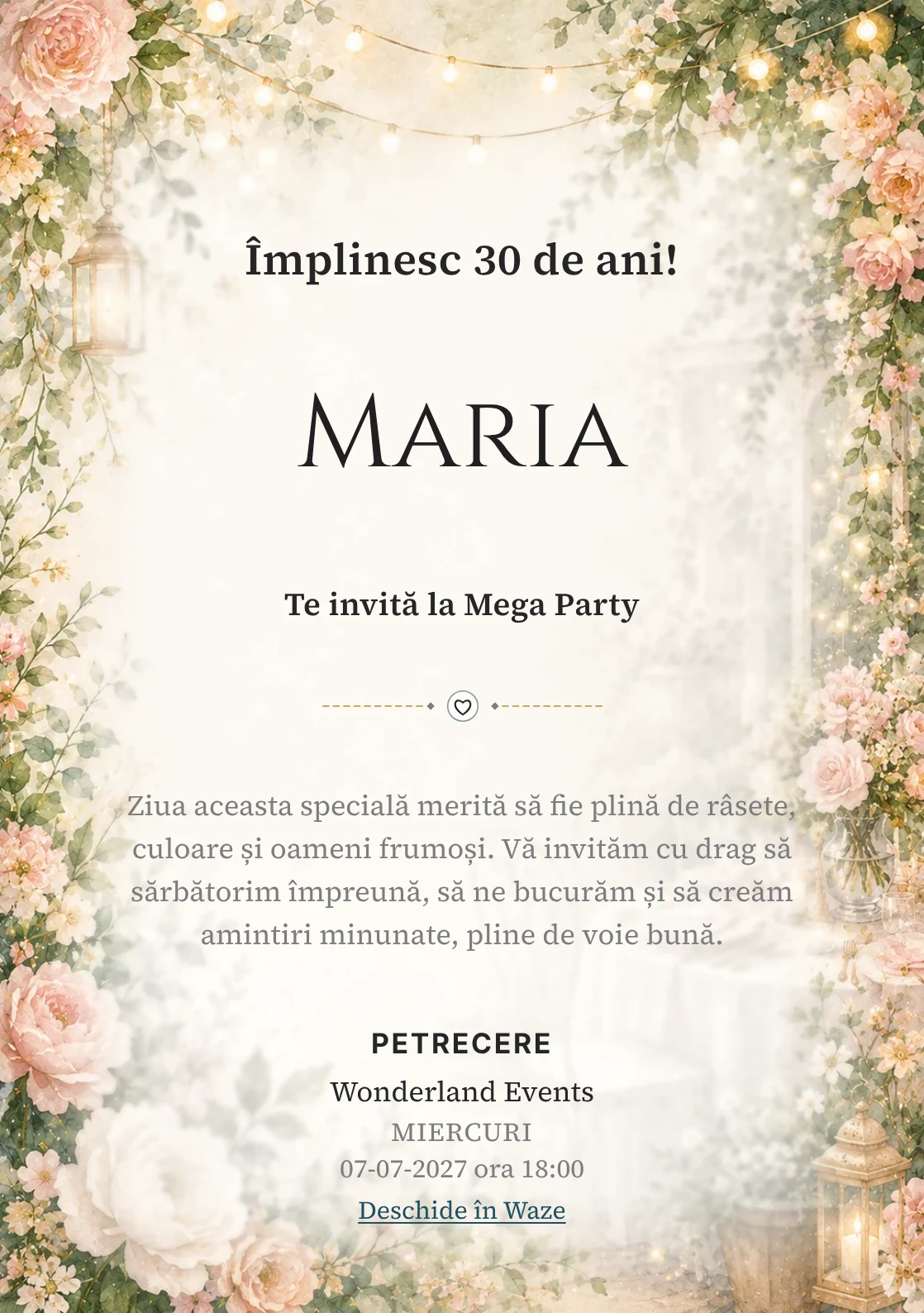 Invitație la ziua de naștere Garden Party pentru adulți, cu flori mature, frunze fine și lumini suspendate.