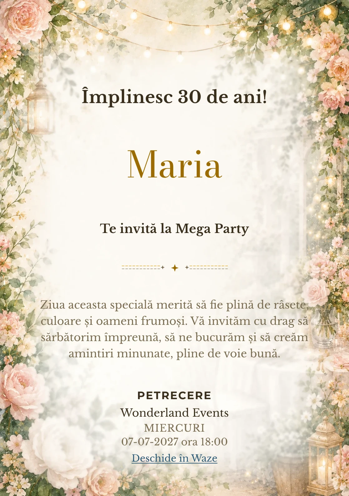 Invitație la ziua de naștere Garden Party pentru adulți, cu flori mature, frunze fine și lumini suspendate.