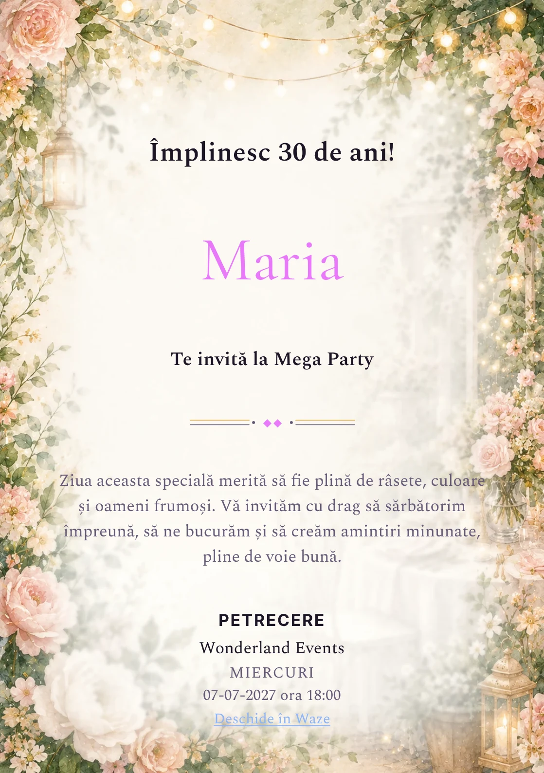 Invitație la ziua de naștere Garden Party pentru adulți, cu flori mature, frunze fine și lumini suspendate.