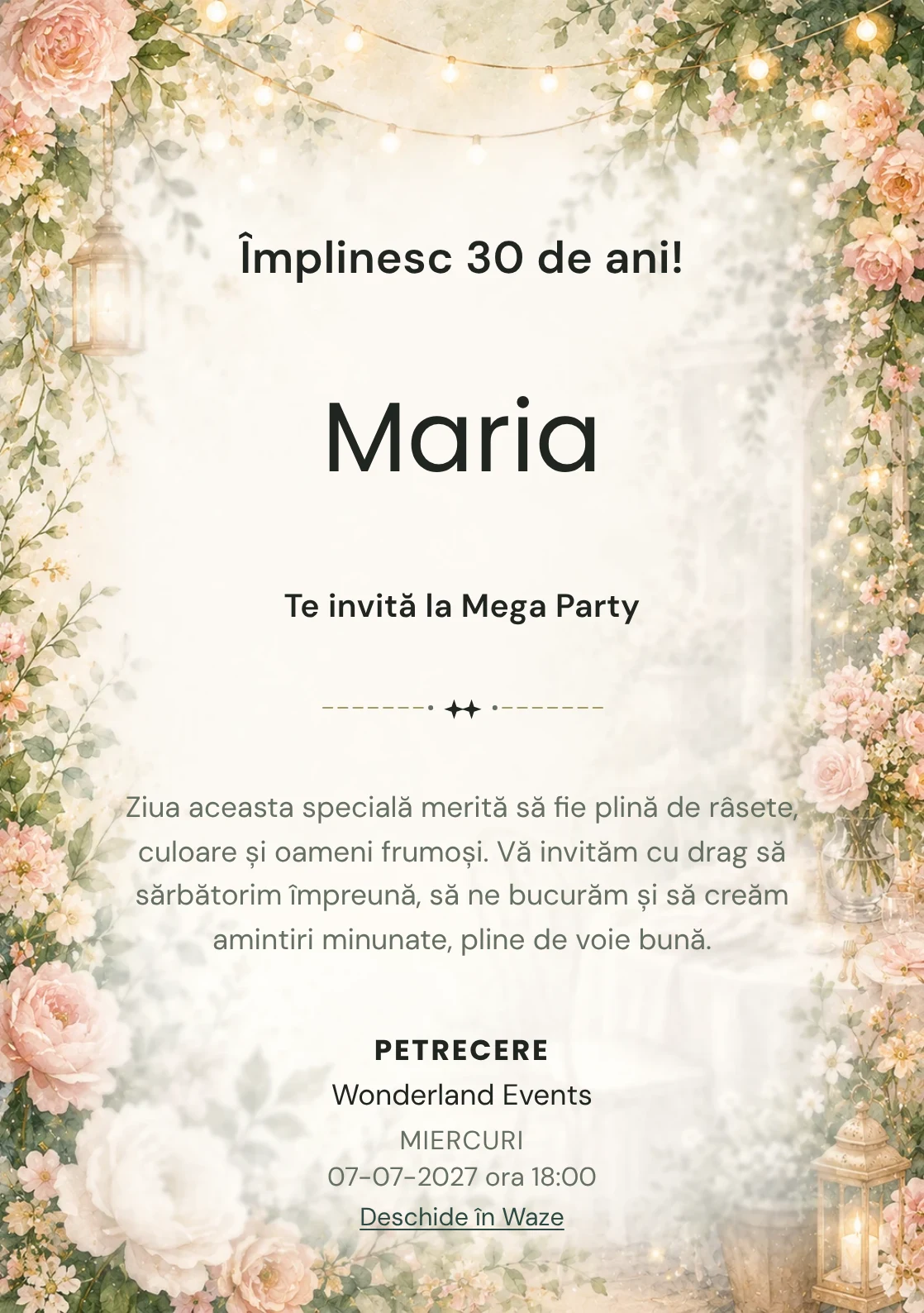 Invitație la ziua de naștere Garden Party pentru adulți, cu flori mature, frunze fine și lumini suspendate.