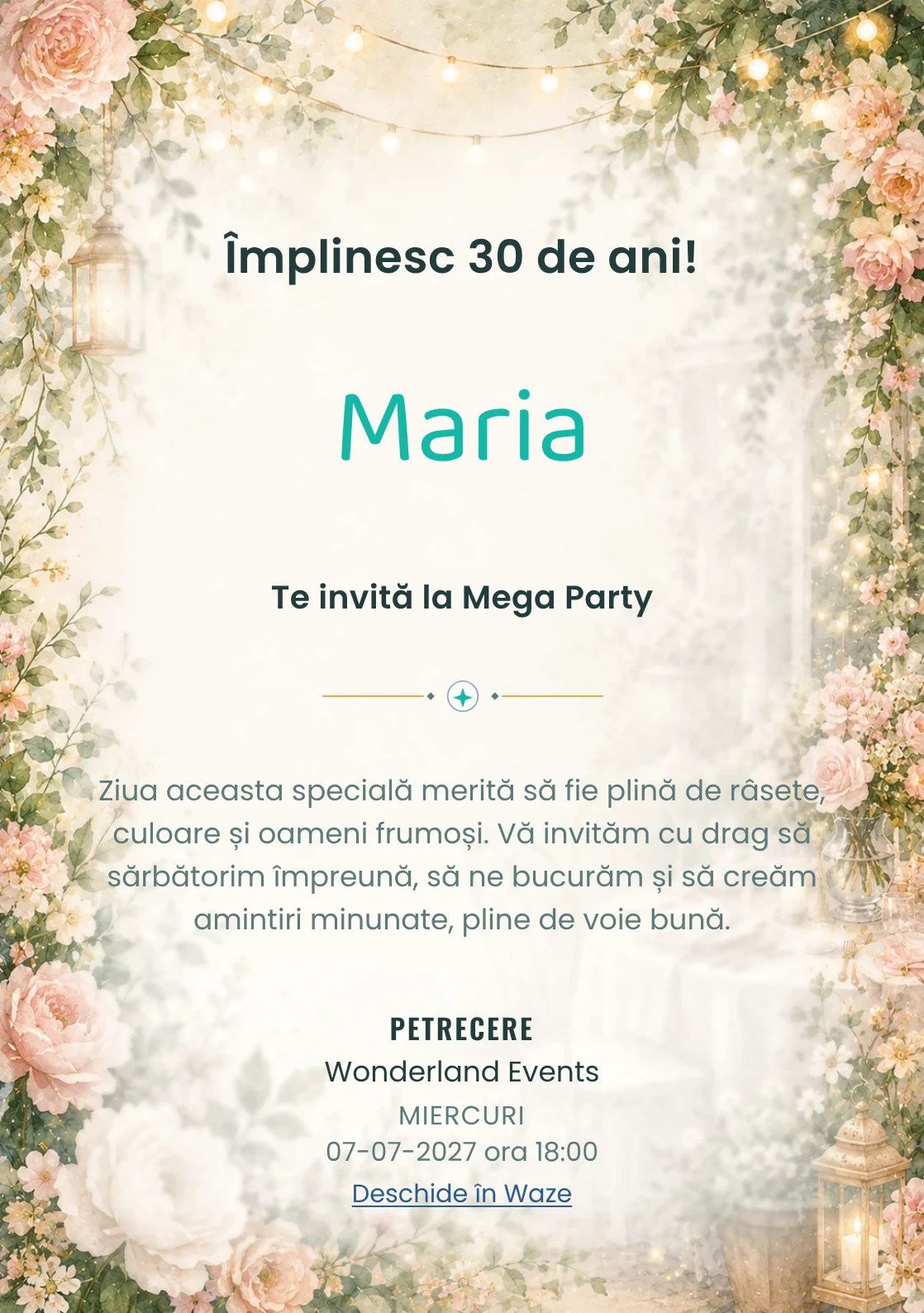 Invitație la ziua de naștere Garden Party pentru adulți, cu flori mature, frunze fine și lumini suspendate.