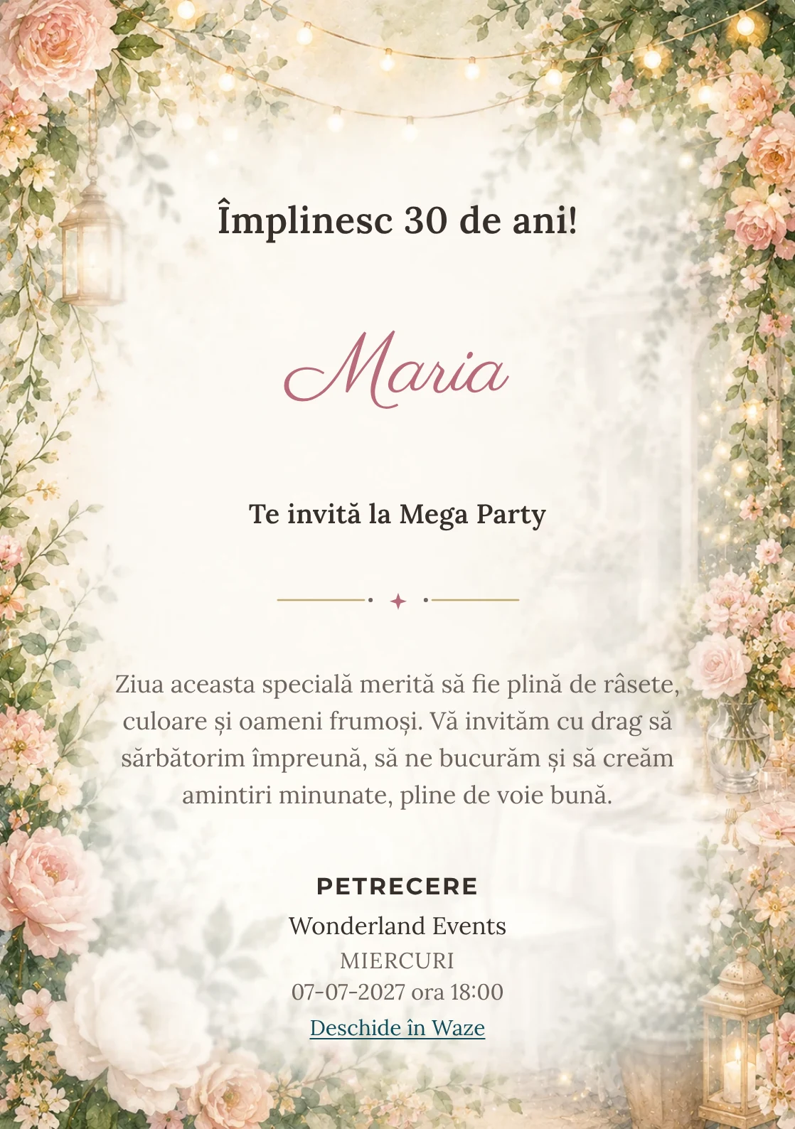 Invitație la ziua de naștere Garden Party pentru adulți, cu flori mature, frunze fine și lumini suspendate.