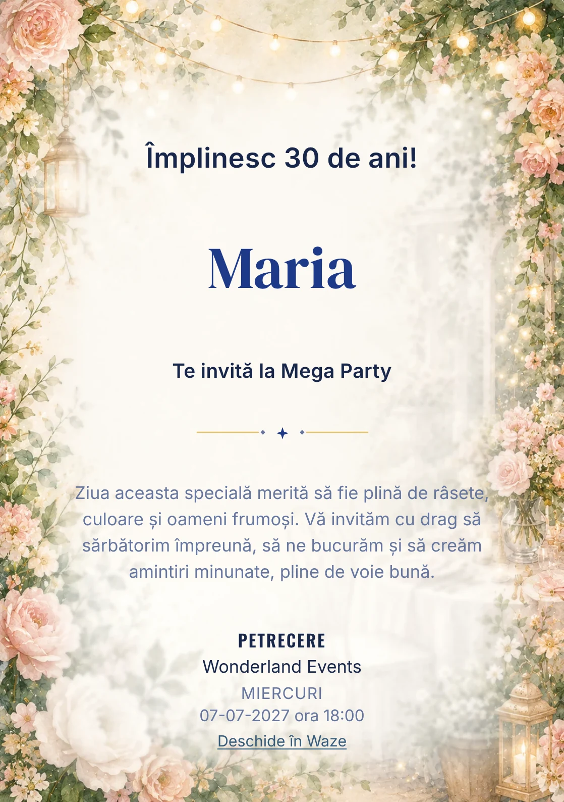 Invitație la ziua de naștere Garden Party pentru adulți, cu flori mature, frunze fine și lumini suspendate.