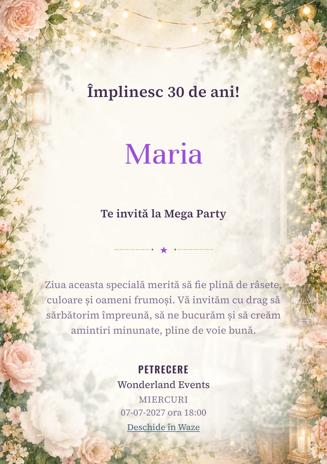 Invitație la ziua de naștere Garden Party pentru adulți, cu flori mature, frunze fine și lumini suspendate.