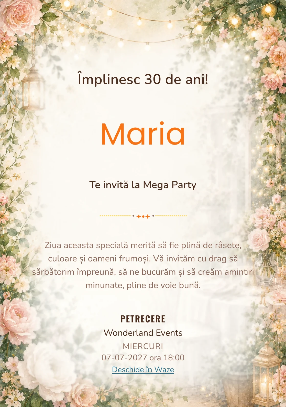 Invitație la ziua de naștere Garden Party pentru adulți, cu flori mature, frunze fine și lumini suspendate.