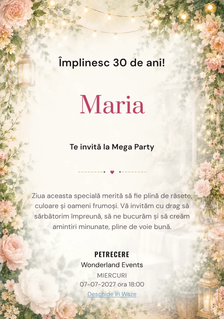 Invitație la ziua de naștere Garden Party pentru adulți, cu flori mature, frunze fine și lumini suspendate.