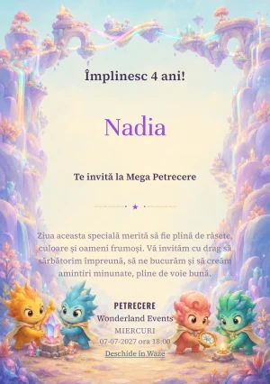 Invitație digitală Gardienii Curcubeului pentru ziua de naștere a copiilor, cu o echipă de mici gardieni ai culorilor, cu pelerine scurte neutre.
