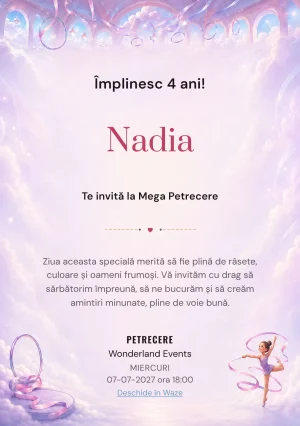 Gimnastică în Nori – invitație aniversară pentru copii, cu o gimnastă în echipament simplu, fără însemne.