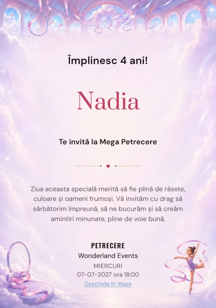 Gimnastică în Nori – invitație aniversară pentru copii, cu o gimnastă în echipament simplu, fără însemne.